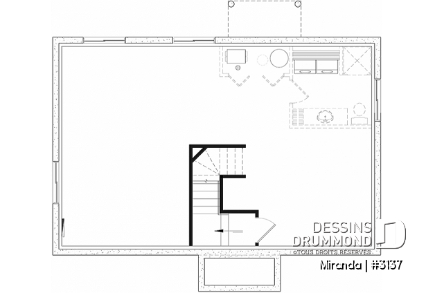 Sous-sol - Plan plain-pied économique, style champêtre rustique, 2 chambres, espace ouvert, grand îlot cuisine - Miranda