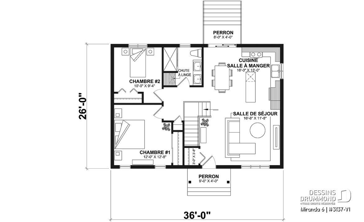 Rez-de-chaussée - Plan Farmhouse économique 4 chambres avec sous-sol aménagé – Miranda 6 (#3137-V1) - Miranda 6