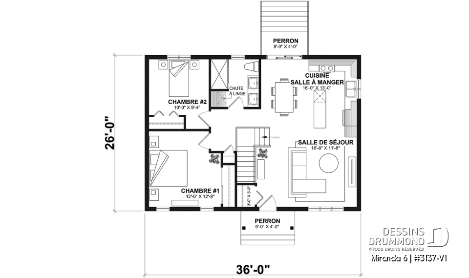 Rez-de-chaussée - Plan Farmhouse économique 4 chambres avec sous-sol aménagé – Miranda 6 (#3137-V1) - Miranda 6