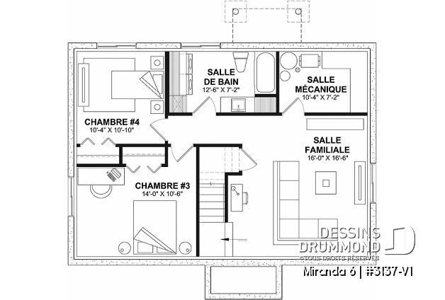 Sous-sol aménagé (Optionel $) du plan de maison unifamiliale 3137-V1 Sous-sol aménagé (Optionel $) - Plain-pied abordable, sous-sol aménagé (optionel $), 2 à 4 chambres, 2 salles de séjour, 2 sdb. - Miranda 6
