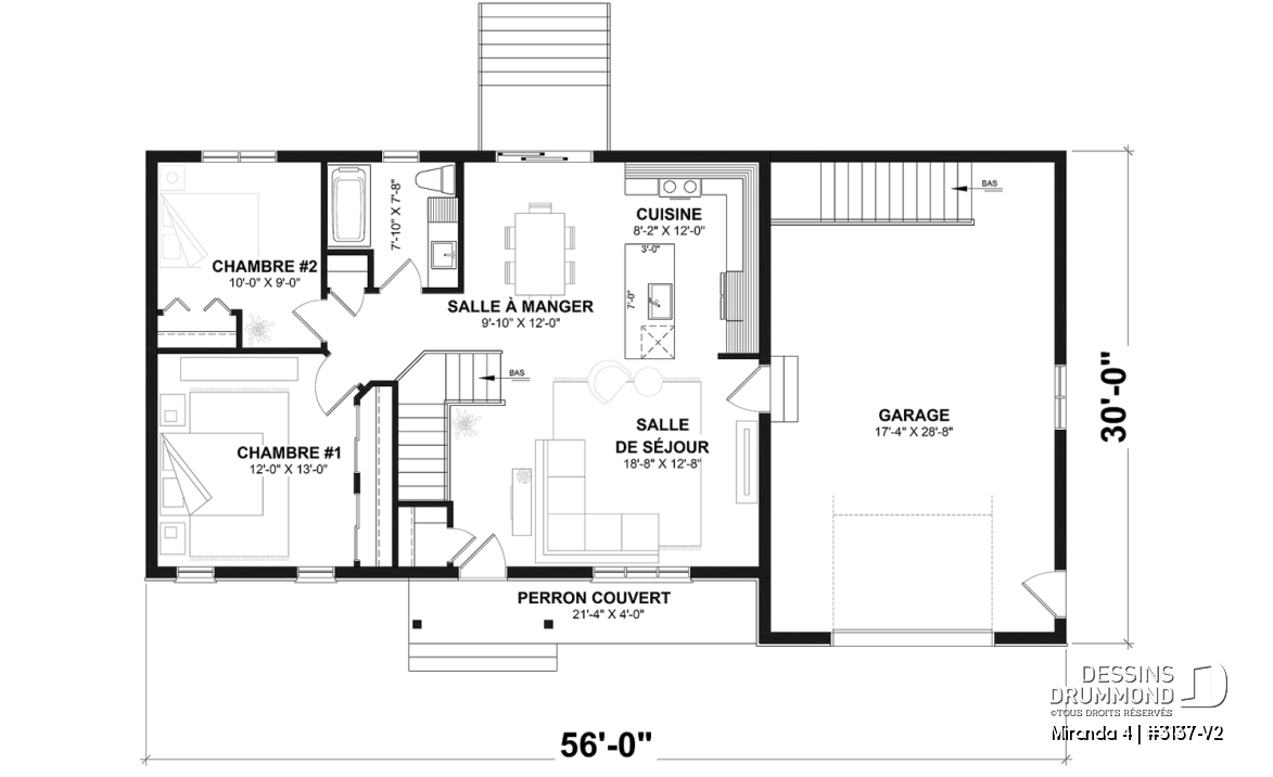Rez-de-chaussée - Plan de maison plain-pied farmhouse compact avec garage, idéal pour premiers acheteurs et petits budgets - Miranda 4