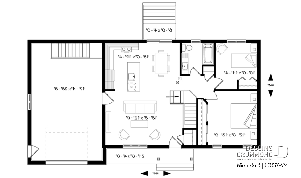 Rez-de-chaussée - Plain-pied champêtre avec garage, cuisine avec îlot central, 2 chambres, garage attaché avec accès au sous-sol - Miranda 4
