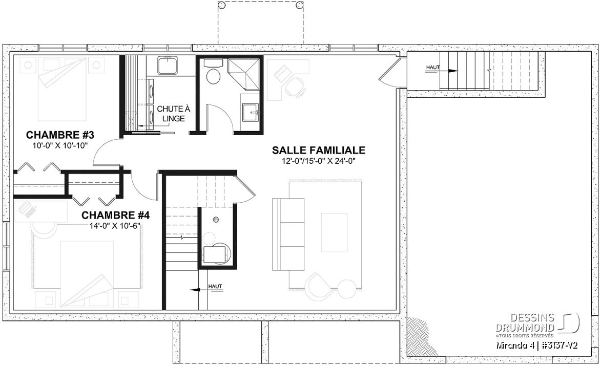 Sous-sol aménagé (Optionel $) - Plan de maison plain-pied farmhouse compact avec garage, idéal pour premiers acheteurs et petits budgets - Miranda 4