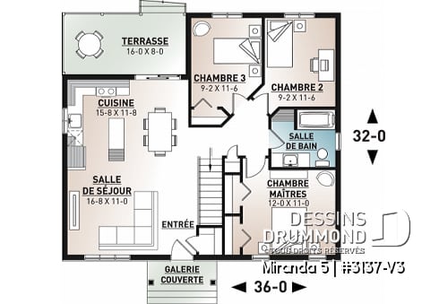 Rez-de-chaussée - Plan de plain-pied économique avec 3 chambres au rez-de-chaussée, possibilités de 2 chambres au sous-sol - Miranda 5
