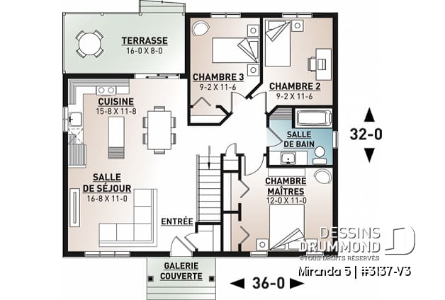 Rez-de-chaussée - Plan de plain-pied économique avec 3 chambres au rez-de-chaussée, possibilités de 2 chambres au sous-sol - Miranda 5