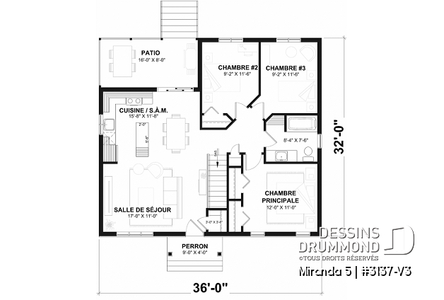 Rez-de-chaussée du plan de maison unifamiliale 3137-V3 Rez-de-chaussée - Modèle de plain-pied économique avec 3 chambres au rez-de-chaussée, possibilités de 2+ chambres au sous-sol - Miranda 5