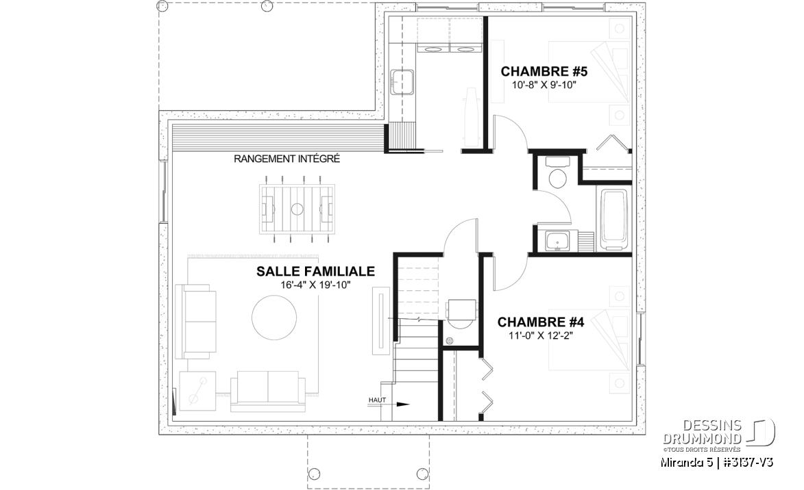 Sous-sol aménagé (Optionel $) - Modèle de plain-pied économique avec 3 chambres au rez-de-chaussée, possibilités de 2+ chambres au sous-sol - Miranda 5