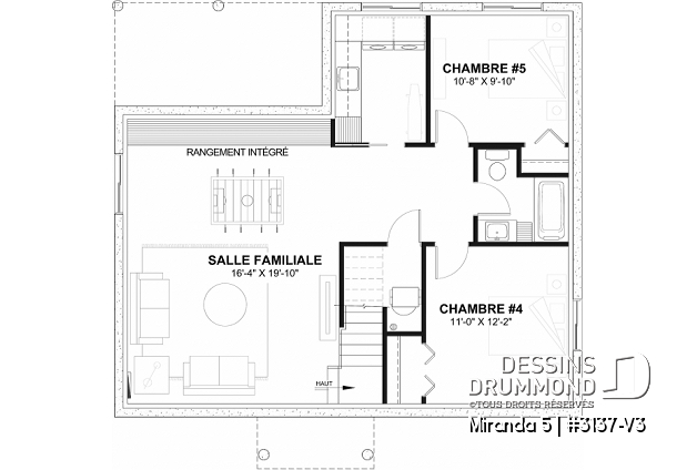 Sous-sol aménagé (Optionel $) du plan de maison unifamiliale 3137-V3 Sous-sol aménagé (Optionel $) - Modèle de plain-pied économique avec 3 chambres au rez-de-chaussée, possibilités de 2+ chambres au sous-sol - Miranda 5