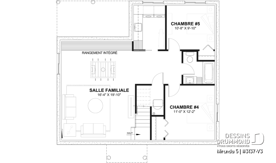 Sous-sol aménagé (Optionel $) - Modèle de plain-pied économique avec 3 chambres au rez-de-chaussée, possibilités de 2+ chambres au sous-sol - Miranda 5