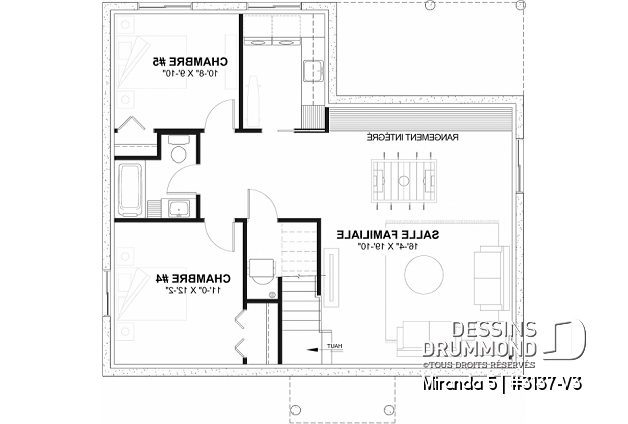 Sous-sol aménagé (Optionel $) du plan de maison unifamiliale 3137-V3 Sous-sol aménagé (Optionel $) - Modèle de plain-pied économique avec 3 chambres au rez-de-chaussée, possibilités de 2+ chambres au sous-sol - Miranda 5