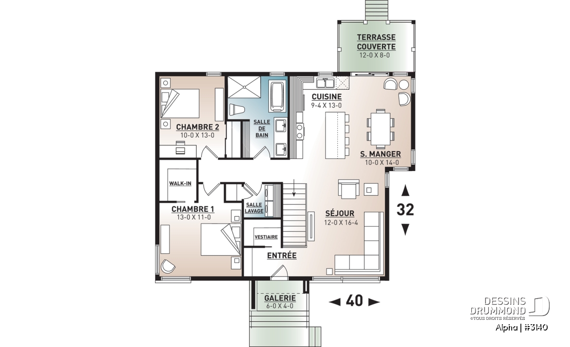 Rez-de-chaussée - Plan de petite maison moderne mid-century, 2 chambres, buanderie au rez-de-ch, vestiaire, belle cuisine - Alpha