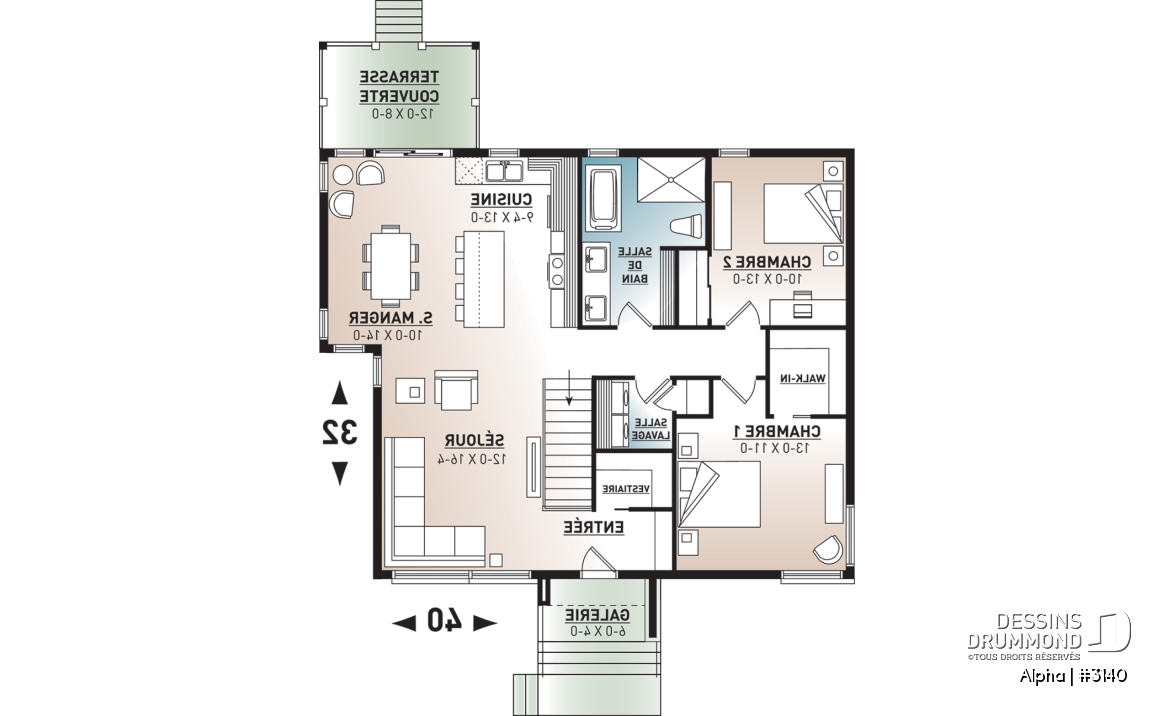 Rez-de-chaussée - Plan de petite maison moderne mid-century, 2 chambres, buanderie au rez-de-ch, vestiaire, belle cuisine - Alpha