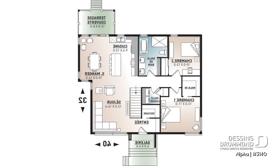 Rez-de-chaussée - Plan de petite maison moderne mid-century, 2 chambres, buanderie au rez-de-ch, vestiaire, belle cuisine - Alpha