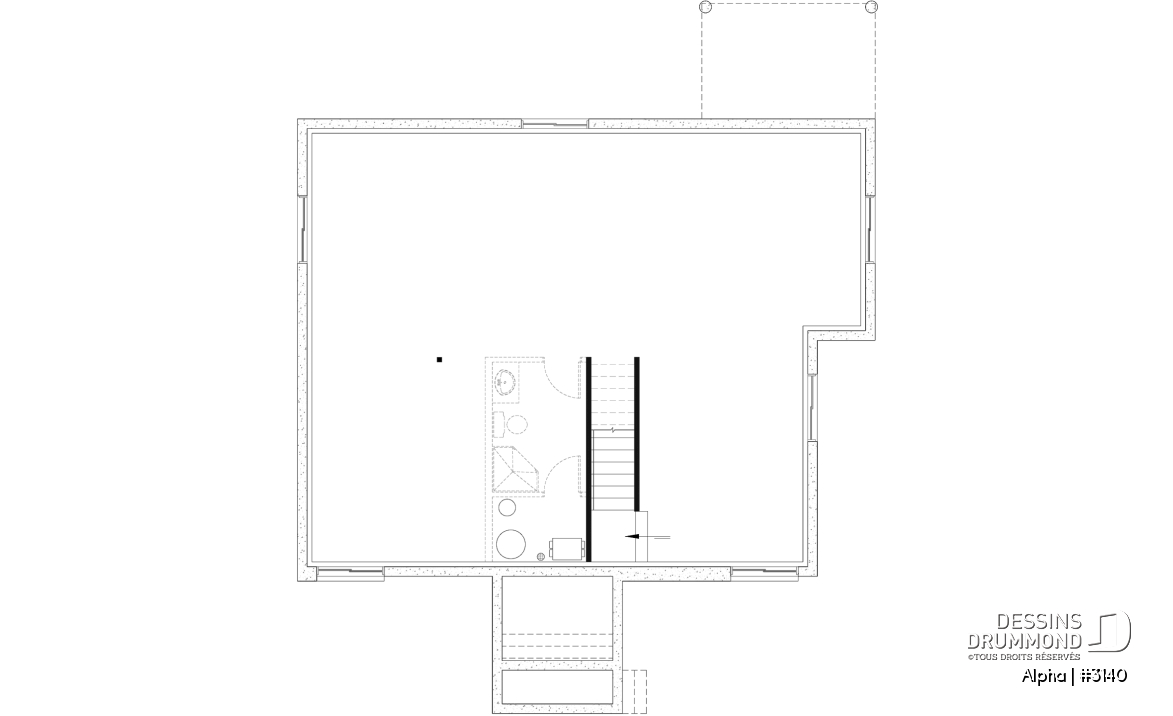 Sous-sol aménageable - Plan de petite maison moderne mid-century, 2 chambres, buanderie au rez-de-ch, vestiaire, belle cuisine - Alpha