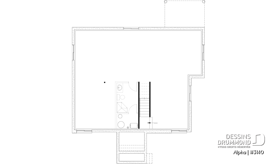 Sous-sol aménageable - Plan de petite maison moderne mid-century, 2 chambres, buanderie au rez-de-ch, vestiaire, belle cuisine - Alpha
