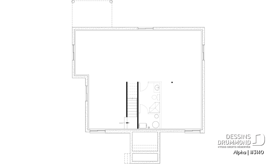 Sous-sol aménageable - Plan de petite maison moderne mid-century, 2 chambres, buanderie au rez-de-ch, vestiaire, belle cuisine - Alpha