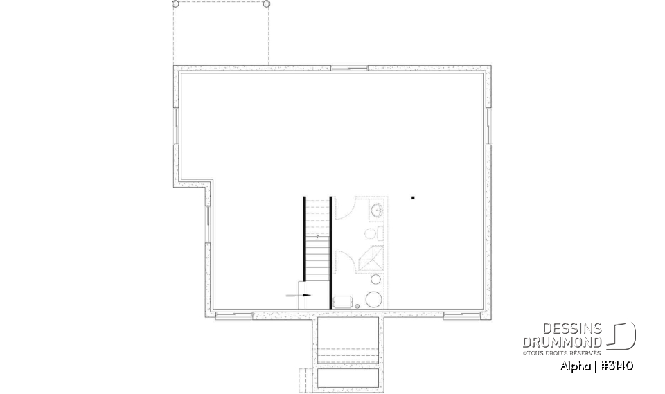 Sous-sol aménageable - Plan de petite maison moderne mid-century, 2 chambres, buanderie au rez-de-ch, vestiaire, belle cuisine - Alpha