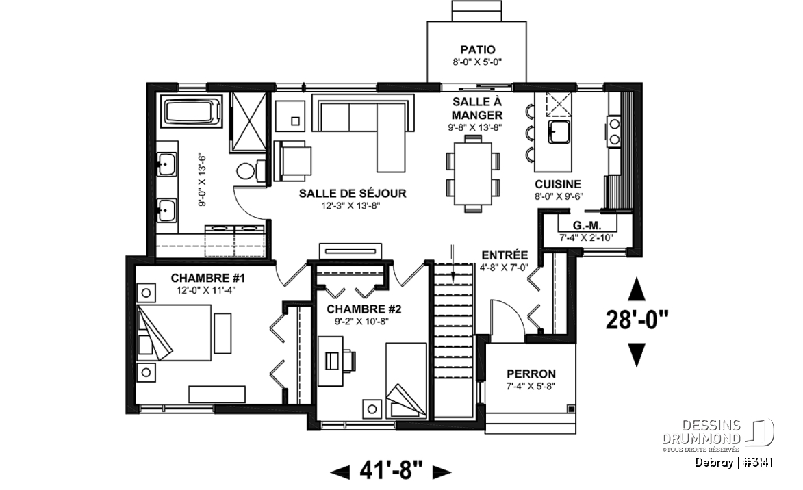 Rez-de-chaussée - Plan de maison contemporaine 2 chambres avec secteur familial à l'arrière, sous-sol à aménager - Debray