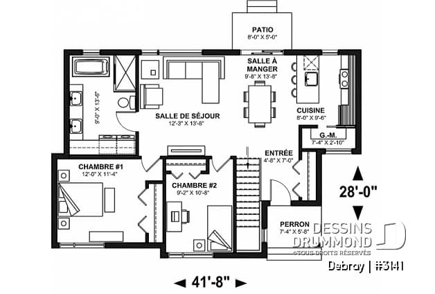 Rez-de-chaussée - Plan de maison contemporaine 2 chambres avec secteur familial à l'arrière, sous-sol à aménager - Debray
