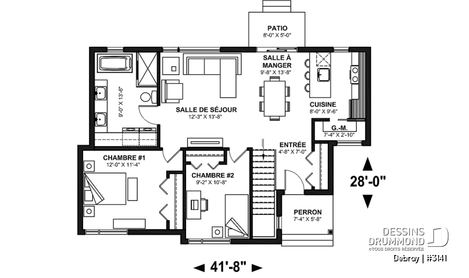 Rez-de-chaussée - Plan de maison contemporaine 2 chambres avec secteur familial à l'arrière, sous-sol à aménager - Debray