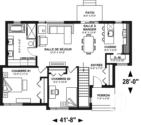 Rez-de-chaussée - Plan de maison contemporaine 2 chambres avec secteur familial à l'arrière, sous-sol à aménager - Debray
