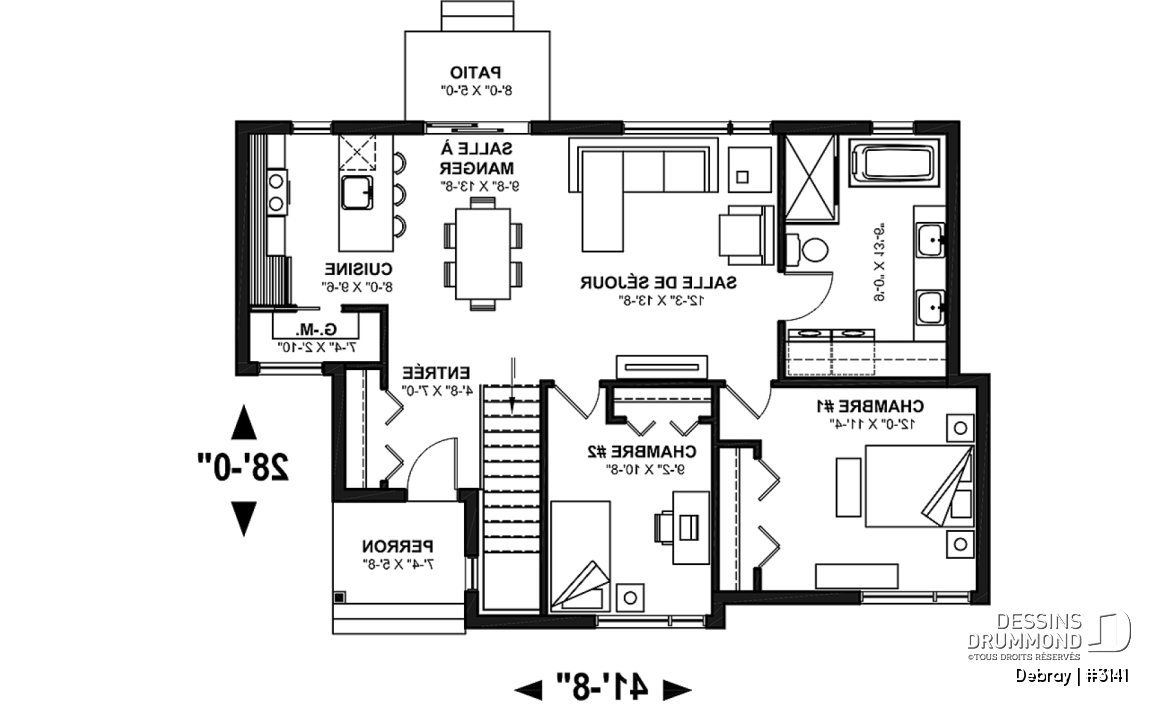 Rez-de-chaussée - Plan de maison contemporaine 2 chambres avec secteur familial à l'arrière, sous-sol à aménager - Debray