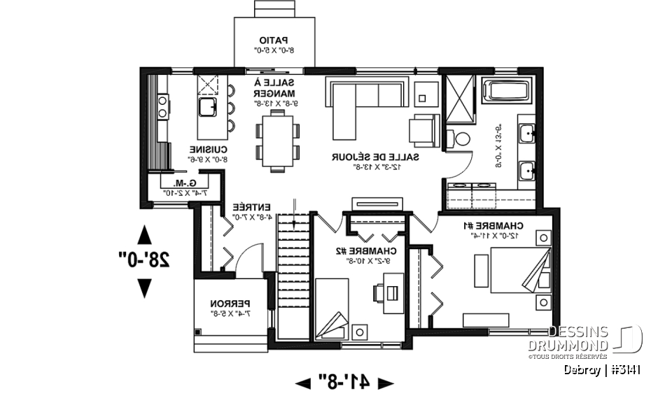Rez-de-chaussée - Plan de maison contemporaine 2 chambres avec secteur familial à l'arrière, sous-sol à aménager - Debray
