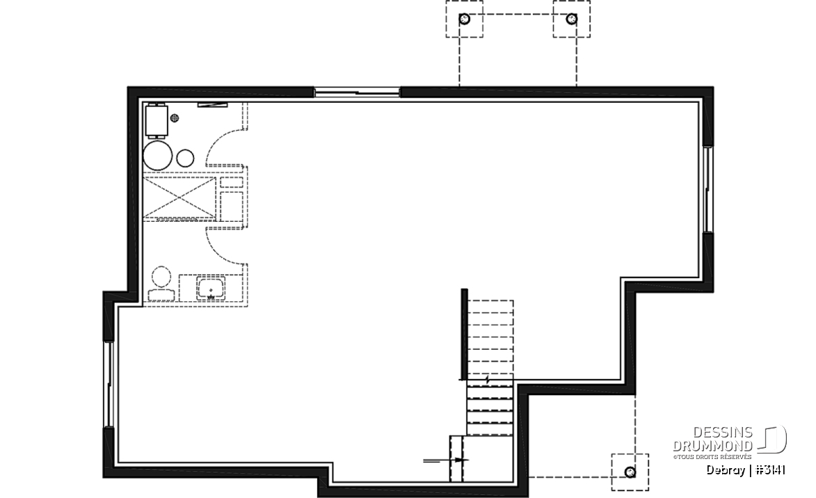 Sous-sol aménageable - Plan de maison contemporaine 2 chambres avec secteur familial à l'arrière, sous-sol à aménager - Debray