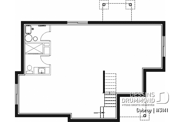 Sous-sol aménageable - Plan de maison contemporaine 2 chambres avec secteur familial à l'arrière, sous-sol à aménager - Debray