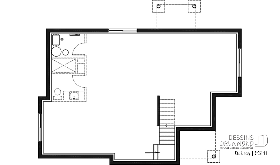 Sous-sol aménageable - Plan de maison contemporaine 2 chambres avec secteur familial à l'arrière, sous-sol à aménager - Debray