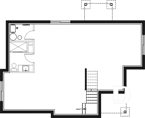 Sous-sol aménageable - Plan de maison contemporaine 2 chambres avec secteur familial à l'arrière, sous-sol à aménager - Debray
