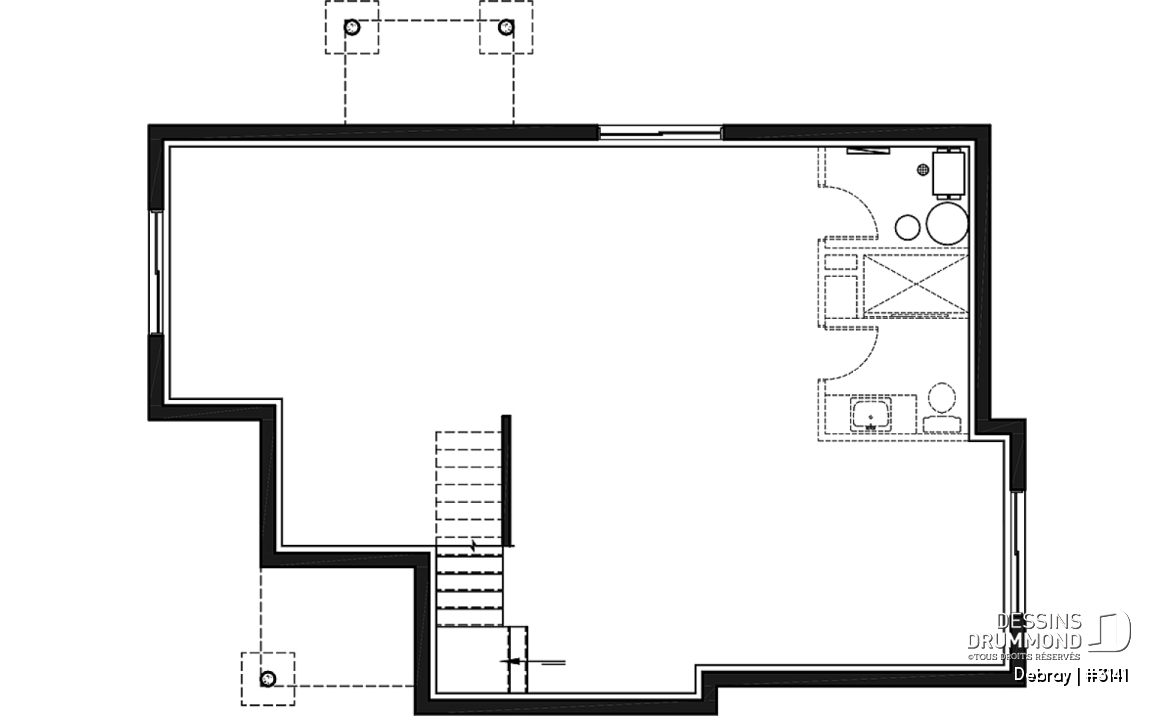 Sous-sol aménageable - Plan de maison contemporaine 2 chambres avec secteur familial à l'arrière, sous-sol à aménager - Debray