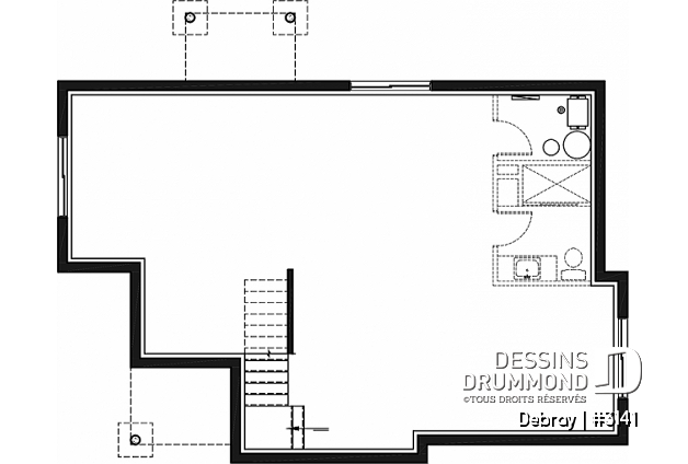 Sous-sol aménageable - Plan de maison contemporaine 2 chambres avec secteur familial à l'arrière, sous-sol à aménager - Debray