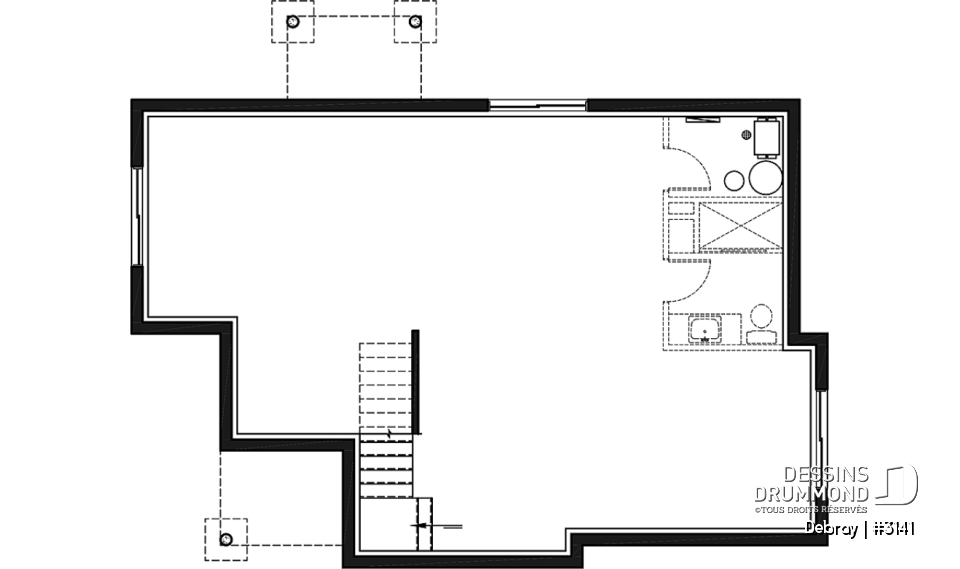 Sous-sol aménageable - Plan de maison contemporaine 2 chambres avec secteur familial à l'arrière, sous-sol à aménager - Debray