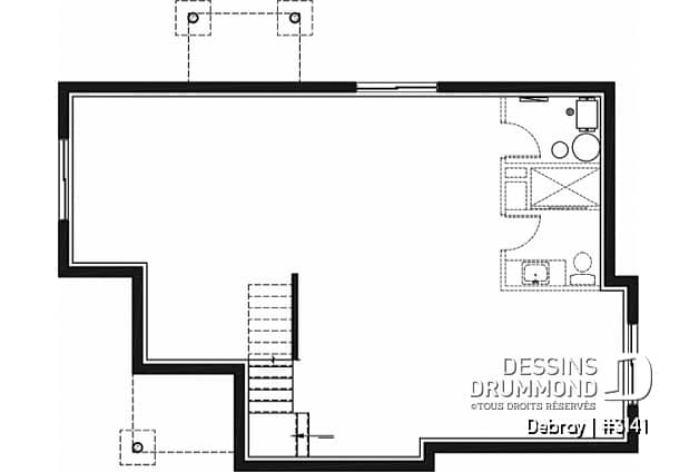 Sous-sol - Plan de maison contemporaine 2 chambres avec secteur familial à l'arrière, sous-sol à aménager - Debray