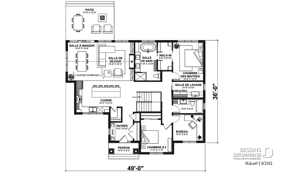 Rez-de-chaussée - Modèle plain-pied classique et lumineux avec foyer, 2 à 5 chambres, plafonds cathédrales et suite des parents - Hubert
