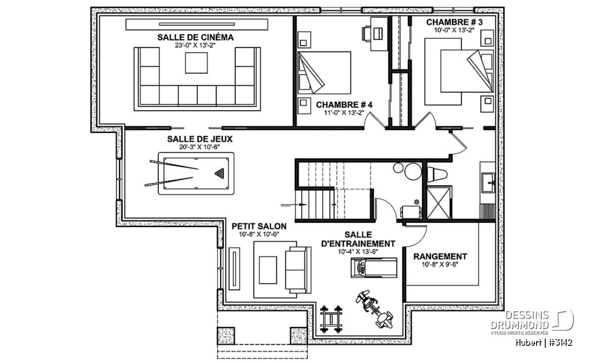 Sous-sol aménagé (Optionel $) - Modèle plain-pied classique et lumineux avec foyer, 2 à 5 chambres, plafonds cathédrales et suite des parents - Hubert