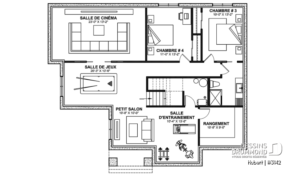 Sous-sol aménagé (Optionel $) - Modèle plain-pied classique et lumineux avec foyer, 2 à 5 chambres, plafonds cathédrales et suite des parents - Hubert