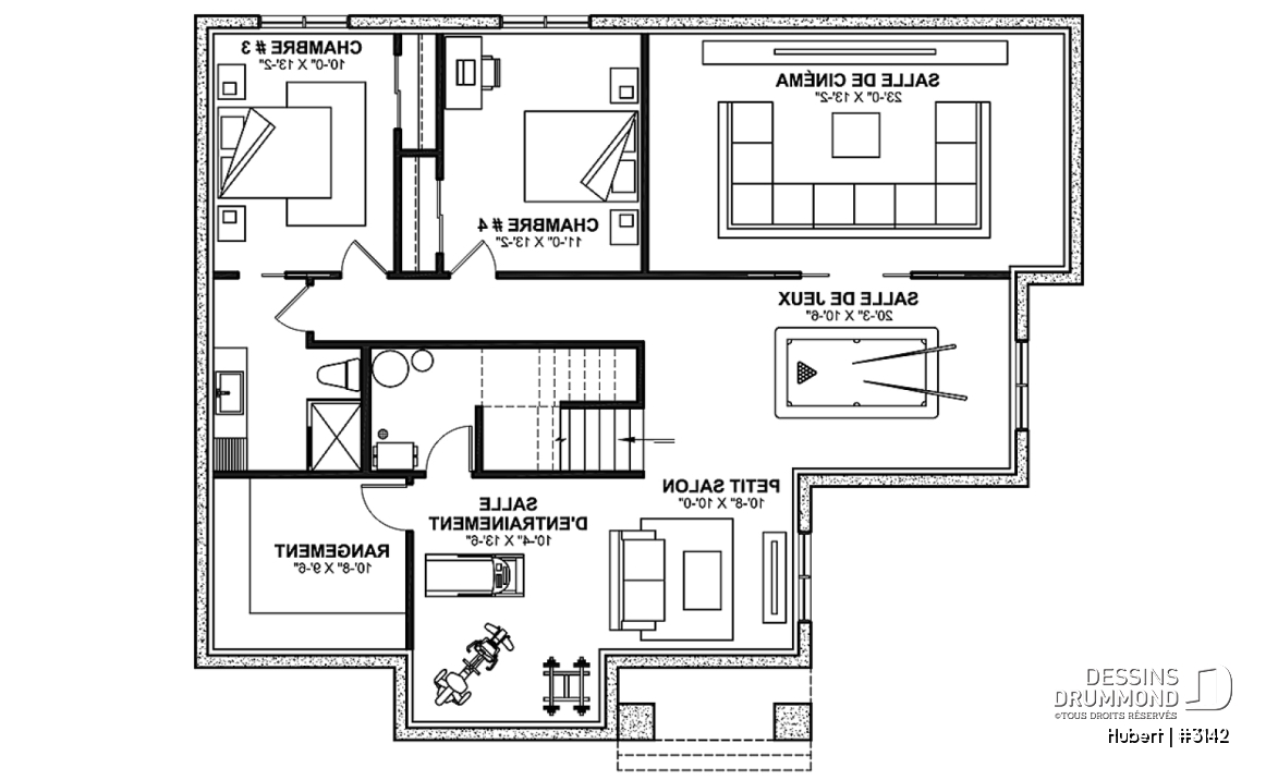 Sous-sol aménagé (Optionel $) - Modèle plain-pied classique et lumineux avec foyer, 2 à 5 chambres, plafonds cathédrales et suite des parents - Hubert