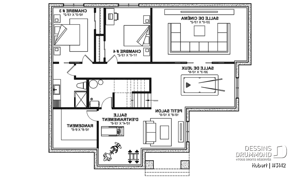 Sous-sol aménagé (Optionel $) - Modèle plain-pied classique et lumineux avec foyer, 2 à 5 chambres, plafonds cathédrales et suite des parents - Hubert