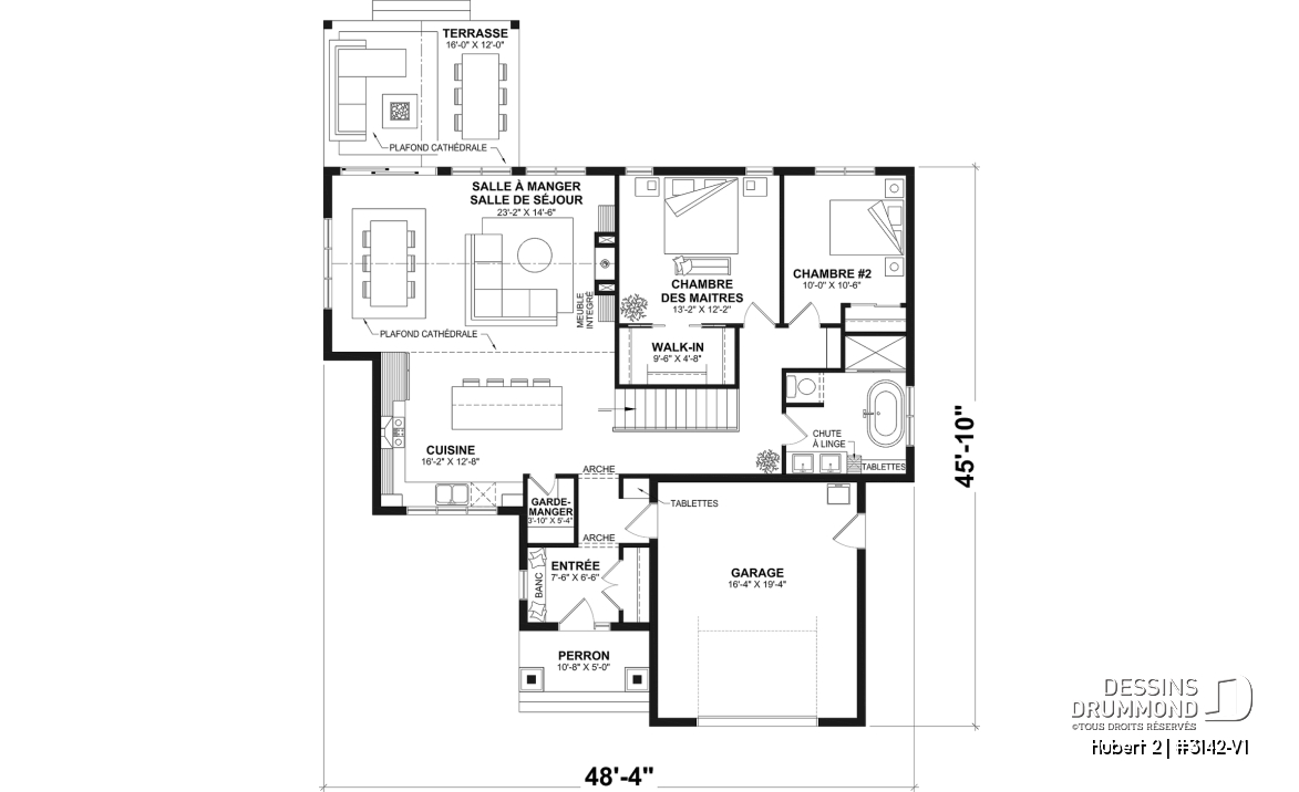 Rez-de-chaussée - Plan de plain-pied classique et lumineux avec foyer, terrasse abritée et 2 à 5 chambres polyvalentes. - Hubert 2