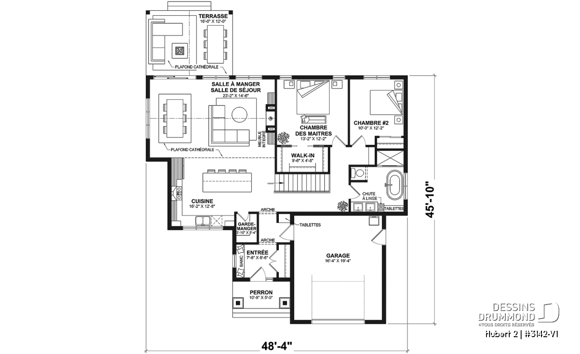 Rez-de-chaussée - Plan de plain-pied classique et lumineux avec foyer, terrasse abritée et 2 à 5 chambres polyvalentes. - Hubert 2