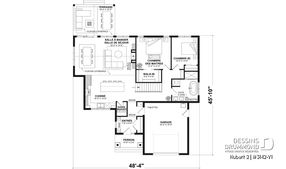 Rez-de-chaussée - Plan de plain-pied classique et lumineux avec foyer, terrasse abritée et 2 à 5 chambres polyvalentes. - Hubert 2