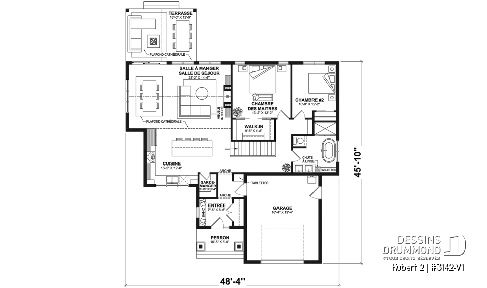 Rez-de-chaussée - Plan de plain-pied classique et lumineux avec foyer, terrasse abritée et 2 à 5 chambres polyvalentes. - Hubert 2