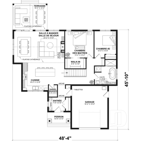 Rez-de-chaussée - Plan de plain-pied classique et lumineux avec foyer, terrasse abritée et 2 à 5 chambres polyvalentes. - Hubert 2