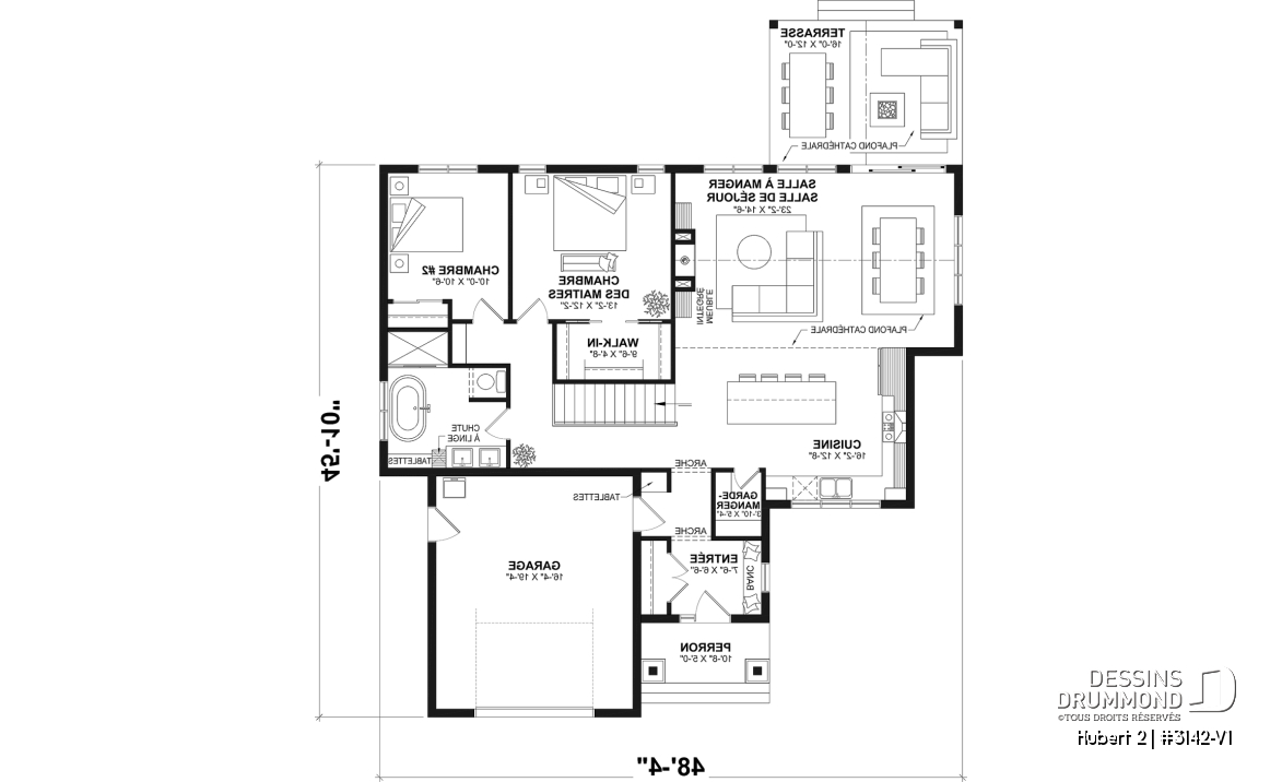 Rez-de-chaussée - Plan de plain-pied classique et lumineux avec foyer, terrasse abritée et 2 à 5 chambres polyvalentes. - Hubert 2