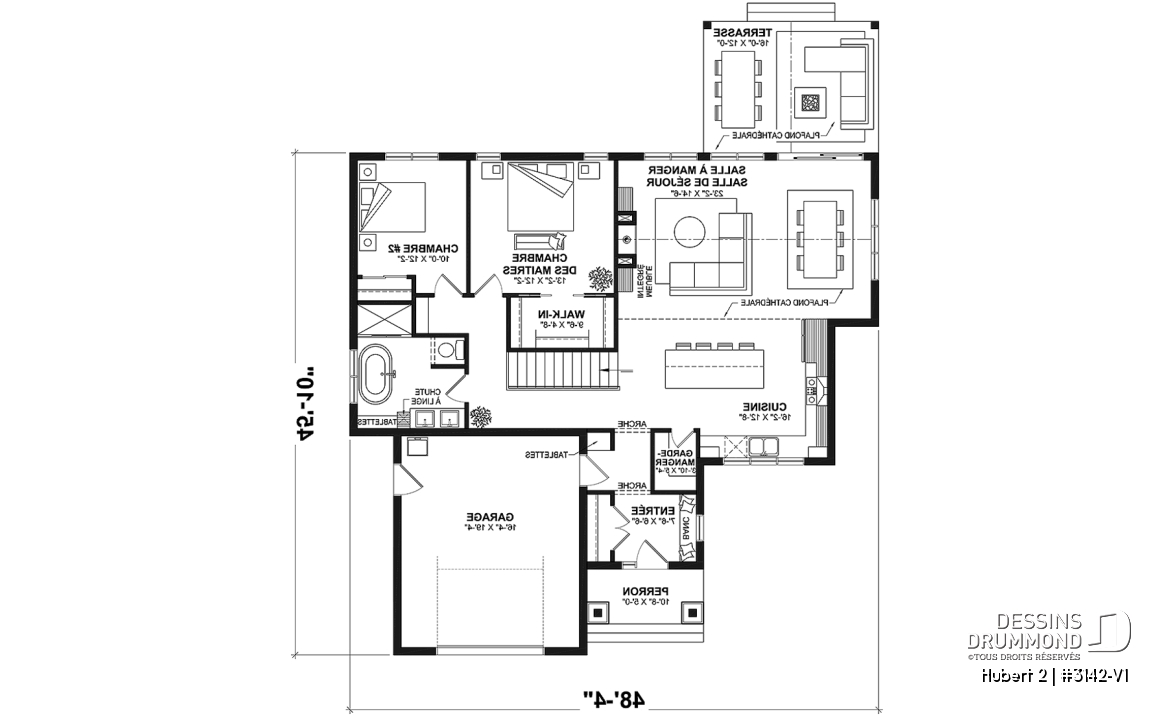 Rez-de-chaussée - Plan de plain-pied classique et lumineux avec foyer, terrasse abritée et 2 à 5 chambres polyvalentes. - Hubert 2