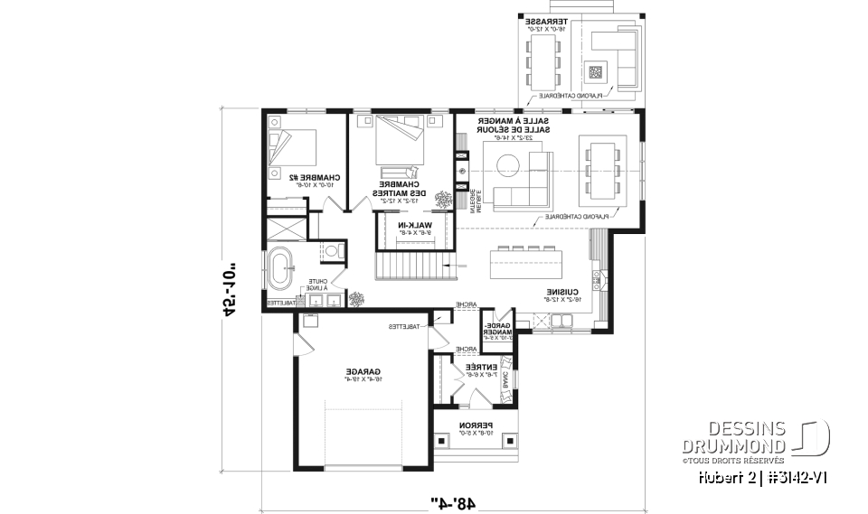 Rez-de-chaussée - Plan de plain-pied classique et lumineux avec foyer, terrasse abritée et 2 à 5 chambres polyvalentes. - Hubert 2