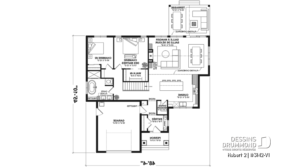 Rez-de-chaussée - Plan de plain-pied classique et lumineux avec foyer, terrasse abritée et 2 à 5 chambres polyvalentes. - Hubert 2