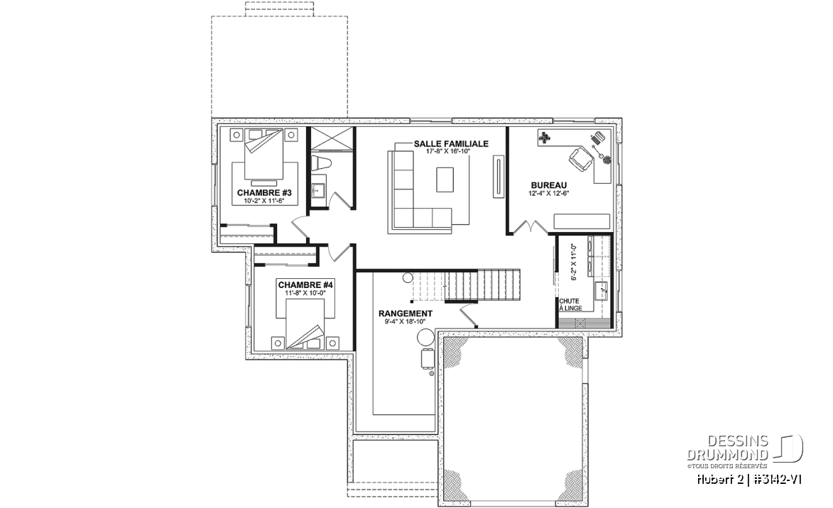 Sous-sol aménagé (Optionel $) - Plan de plain-pied classique et lumineux avec foyer, terrasse abritée et 2 à 5 chambres polyvalentes. - Hubert 2